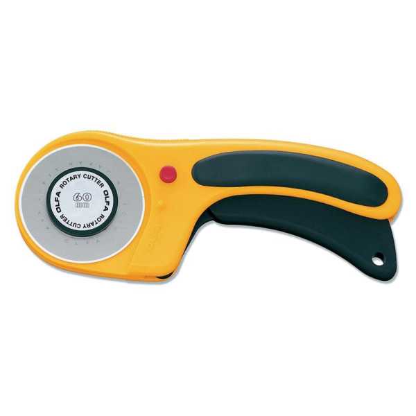Cúter rotativo con botón pulsador de bloqueo y cuchilla circular de 60 mm OLFA