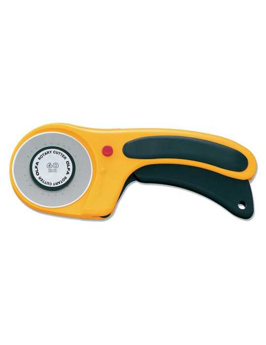 Cúter rotativo con botón pulsador de bloqueo y cuchilla circular de 60 mm OLFA