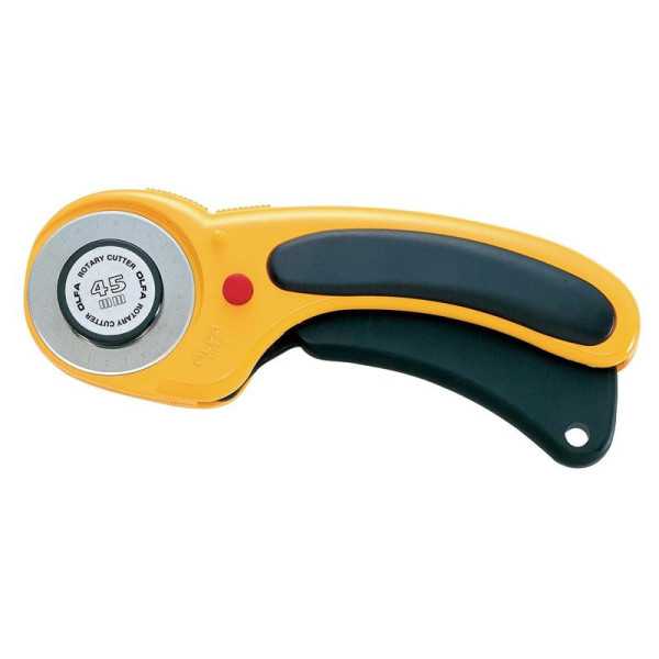 Cúter rotativo con botón pulsador de bloqueo y cuchilla circular de 45 mm OLFA