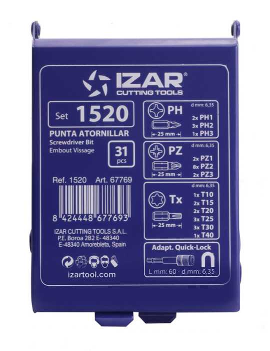 Punta Atornillar Set PH1-2-3 Tx10-15-20-25-30-40 PZ1-2-3 DIN3126 Standard -1520- IZAR
