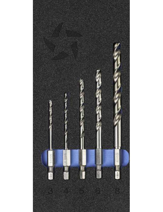 Broca Set 3-4-5-6-8 mm HSS Hexagonal 1/4 Larga DIN E6.3 Metal -1613- IZAR