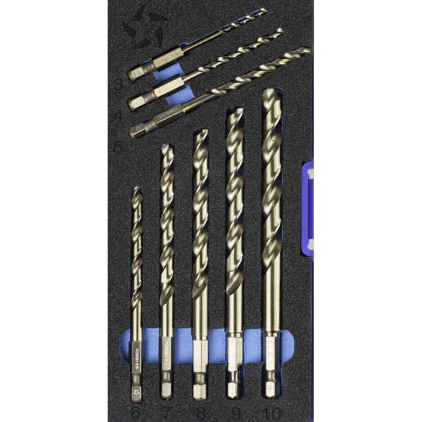 Broca Set 3-4-5-6-7-8-9-10 mm HSS Co Hexagonal 1/4 Larga DIN E6.3 Metal -1616- IZAR