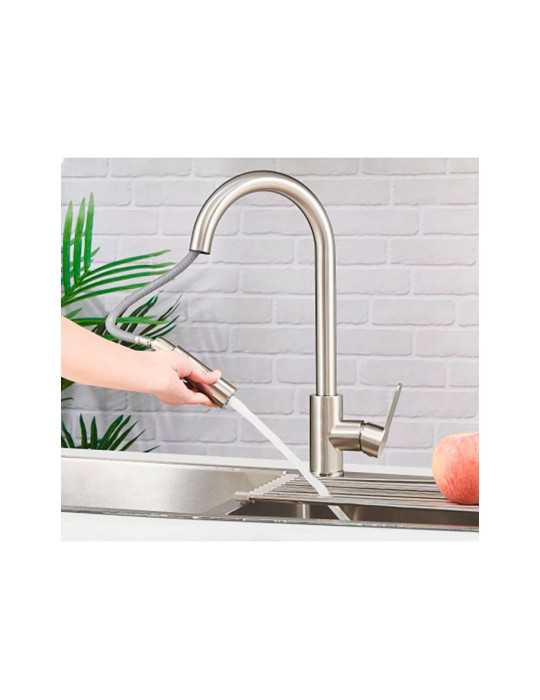Grifo Monomando de Cocina Caño Alto Extraíble Plateado Mate Serie Miño VERHAL