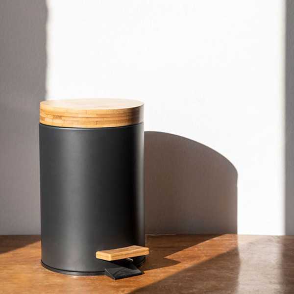Papelera Pedal Negra con Tapa Bambú 3 l ANDREA HOUSE