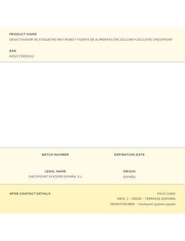 Desactivador de Etiquetas Anti Robo y Fuente de Alimentación 10111967+10111976 CHECKPOINT 2