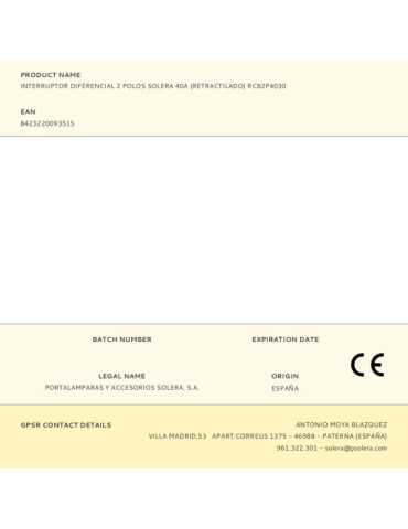 Interruptor Diferencial 2 Polos 40A (Retractilado) RCB2P4030 SOLERA 2