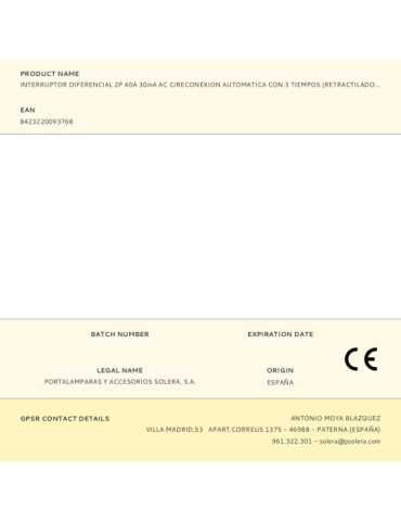 Interruptor Diferencial 2P 40A 30mA AC C/Reconexion Automatica con 3 Tiempos (Retractilado) CBRA2P4030A SOLERA 2
