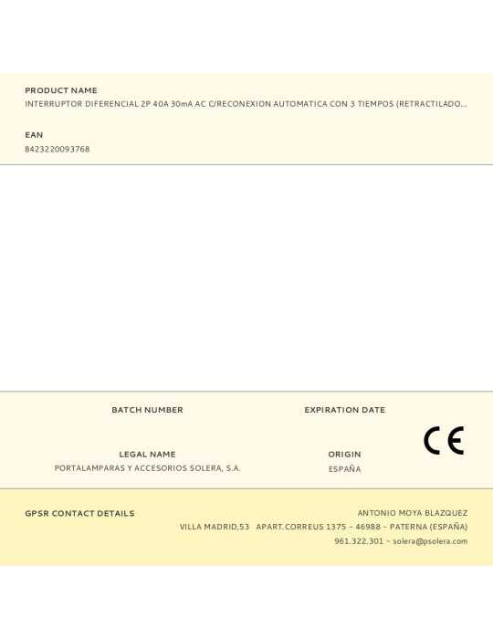 Interruptor Diferencial 2P 40A 30mA AC C/Reconexion Automatica con 3 Tiempos (Retractilado) CBRA2P4030A SOLERA