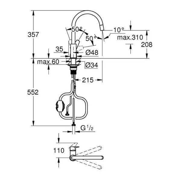 Grifo Monomando de Cocina con Caño Alto Extraible Serie Start Edge GROHE