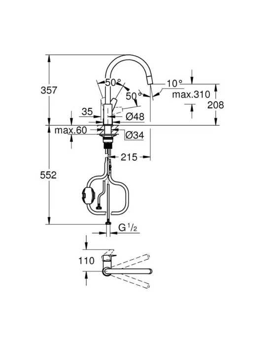 Grifo Monomando de Cocina con Caño Alto Extraible Serie Start Edge GROHE