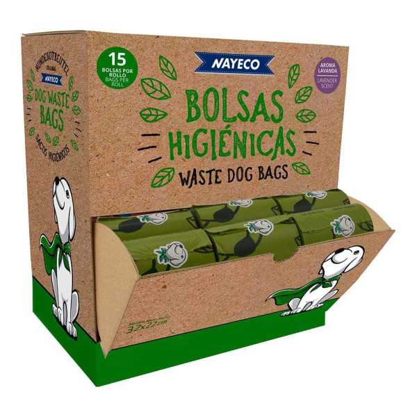 Rollo de 15 Bolsas Higiénicas Degradables Aroma Lavanda 33 x 22 cm, 60 uds Expositor NAYECO