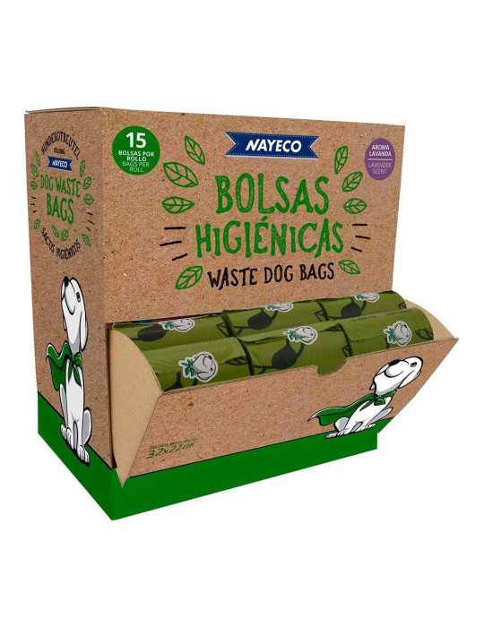 Rollo de 15 Bolsas Higiénicas Degradables Aroma Lavanda 33 x 22 cm, 60 uds Expositor NAYECO