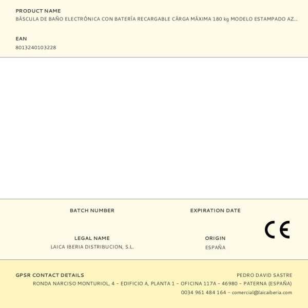 Báscula de Baño Electrónica con Batería Recargable Cárga Máxima 180 kg Modelo Estampado Azul LAICA