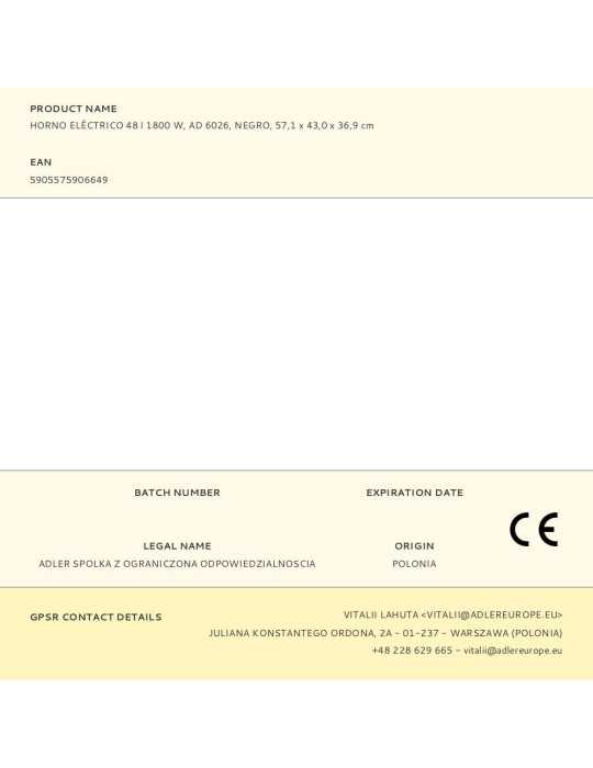 Horno Eléctrico Ad 6026 1800 W 48 l ADLER