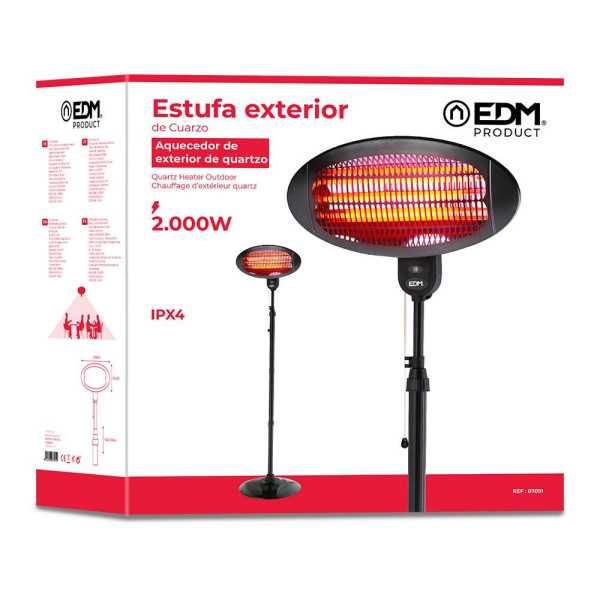 Estufa de Cuarzo de Exterior 2000 W Soporte A Pared + Pie EDM