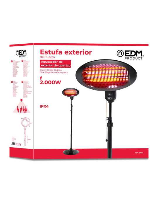 Estufa de Cuarzo de Exterior 2000 W Soporte A Pared + Pie EDM