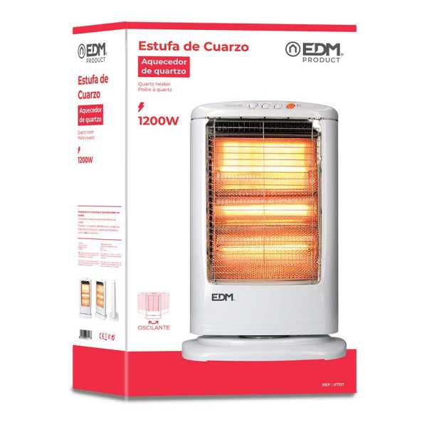 Estufa de Cuarzo Oscilante 400 / 800 / 1200 W Modelo Económico Anti-Vuelco, 33 x 23 x 48 cm EDM