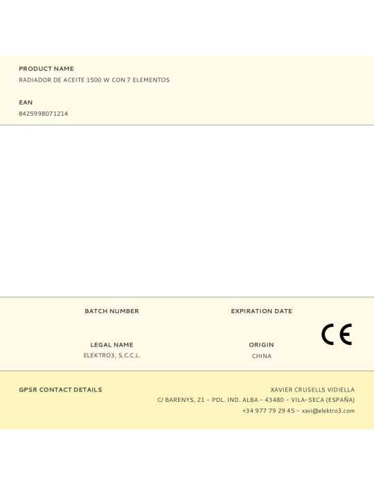 Radiador de Aceite 1500 W con 7 Elementos, 37 x 16,5 x 73 cm EDM