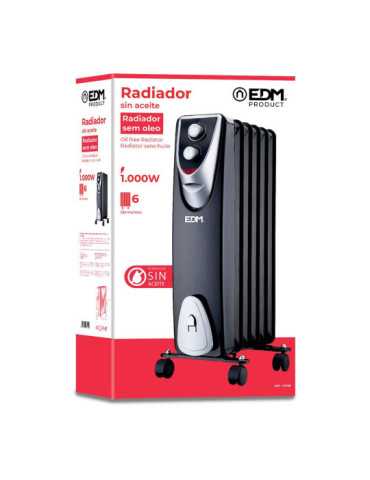 Radiador sin Aceite 400 / 600 / 1000 W con 6 Elementos, Modelo Black Edition, 37 x 24 x 64 cm EDM 2