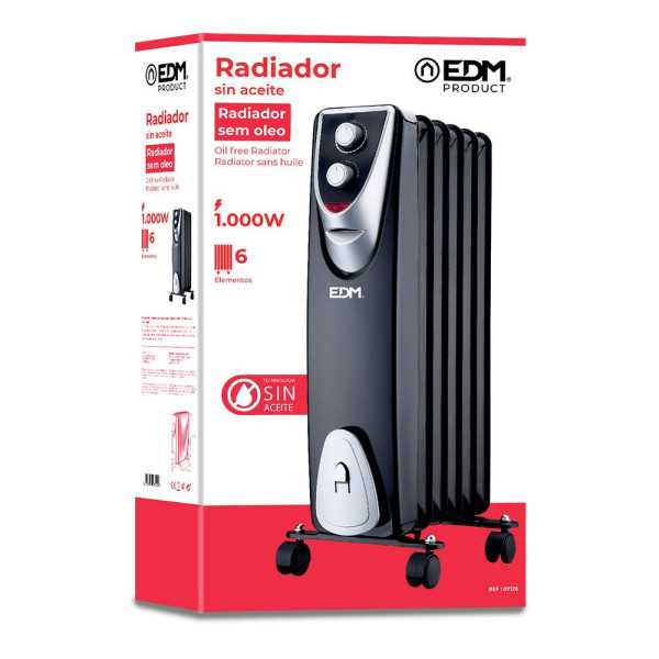 Radiador sin Aceite 400 / 600 / 1000 W con 6 Elementos, Modelo Black Edition, 37 x 24 x 64 cm EDM