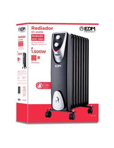 Radiador sin Aceite 500 / 1000 / 1500 W con 8 Elementos, Modelo Black Edition, 46 x 24 x 64 cm EDM 2