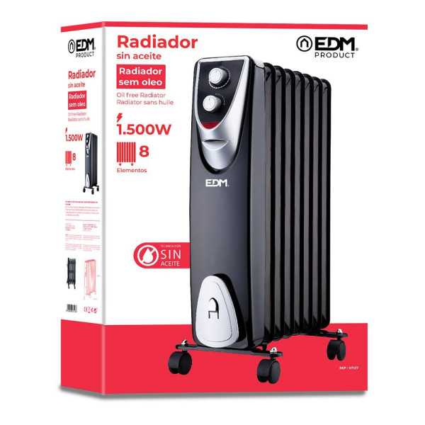Radiador sin Aceite 500 / 1000 / 1500 W con 8 Elementos, Modelo Black Edition, 46 x 24 x 64 cm EDM
