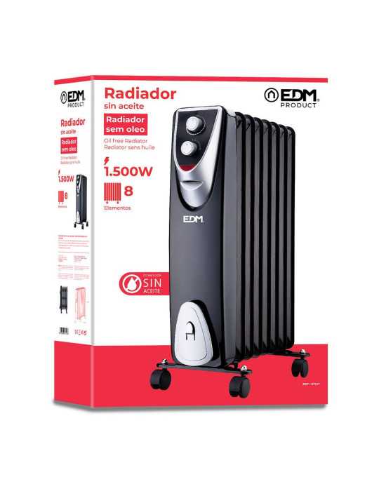 Radiador sin Aceite 500 / 1000 / 1500 W con 8 Elementos, Modelo Black Edition, 46 x 24 x 64 cm EDM