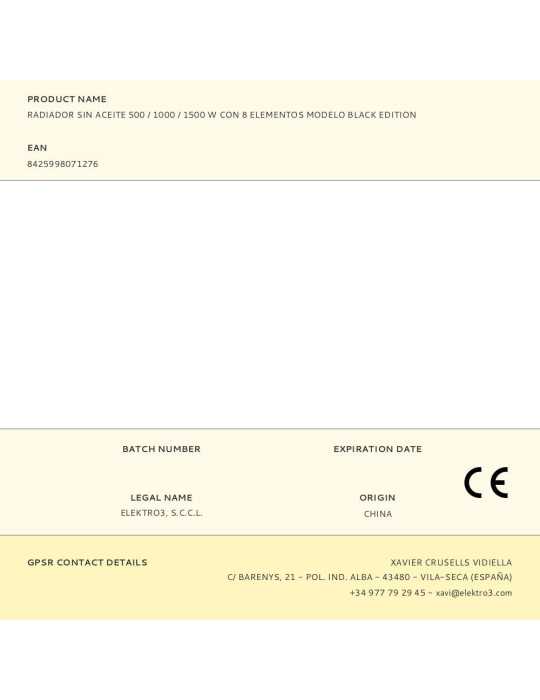 Radiador sin Aceite 500 / 1000 / 1500 W con 8 Elementos, Modelo Black Edition, 46 x 24 x 64 cm EDM