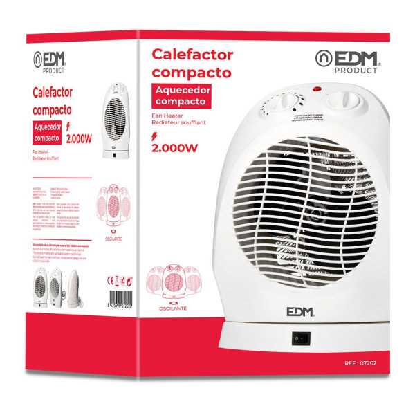 Calefactor Compacto Oscilante 1000 - 2000 W Blanco, 22 x 18,5 x 30,5 cm EDM