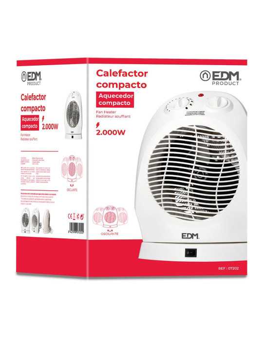 Calefactor Compacto Oscilante 1000 - 2000 W Blanco, 22 x 18,5 x 30,5 cm EDM