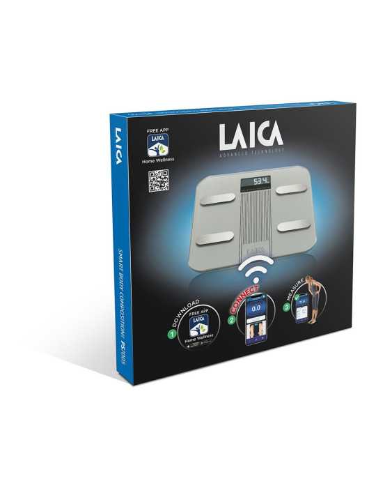 Bascula de Baño Smart Bluetooth con Cálculo de la Composición Corporal, Color Plateado, 180 kg LAICA