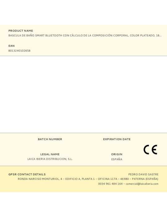 Bascula de Baño Smart Bluetooth con Cálculo de la Composición Corporal, Color Plateado, 180 kg LAICA