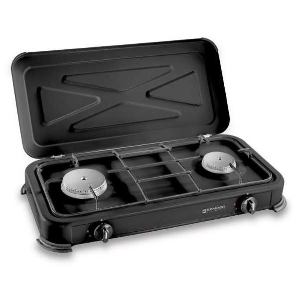 Cocina de Gas Butano/Propano Esmaltada 2 Quemadores, Negra, 570 x 300 x 65 mm KEMPER