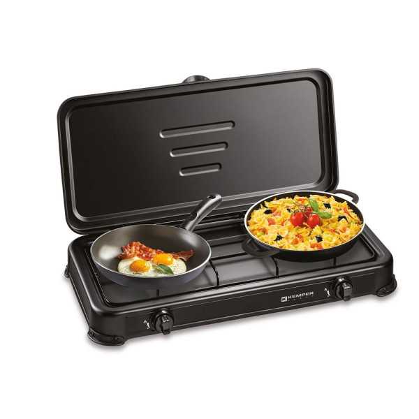Cocina de Gas Butano/Propano Esmaltada 2 Quemadores, Negra, 570 x 300 x 65 mm KEMPER