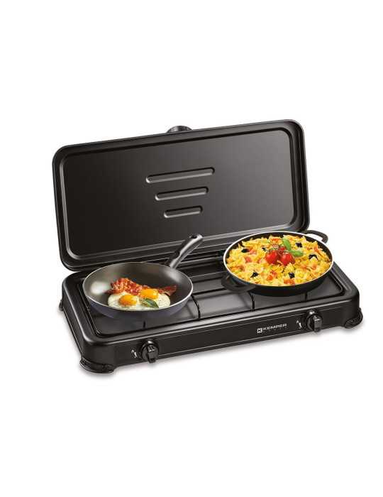 Cocina de Gas Butano/Propano Esmaltada 2 Quemadores, Negra, 570 x 300 x 65 mm KEMPER