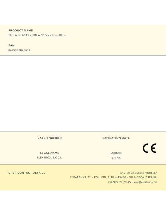 Tabla de Asar 2000 W 645 x 300 x 85 mm EDM
