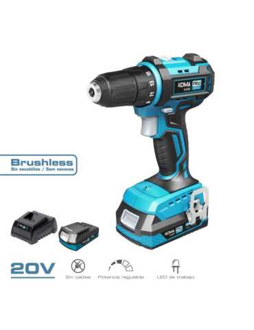 Kit Taladro Atornillador Brushless 20 V con 2 Baterías 2,0Ah y Cargador KOMA TOOLS