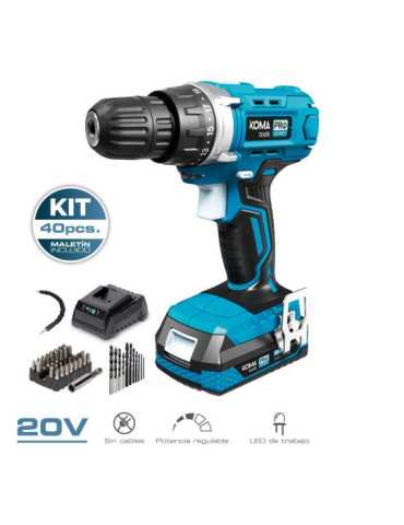 Kit Taladro Atornillador 20 V con 40 Accesorios, Batería 2.0Ah y Cargador KOMA TOOLS