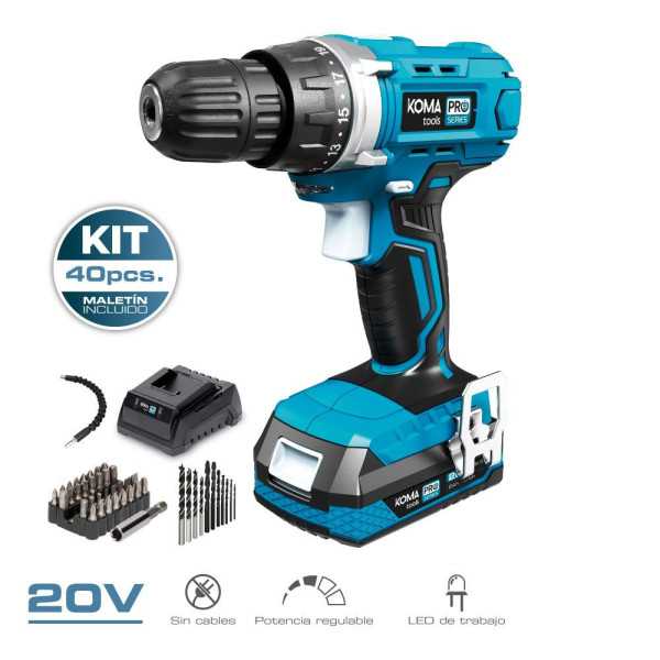 Kit Taladro Atornillador 20 V con 40 Accesorios, Batería 2.0Ah y Cargador KOMA TOOLS