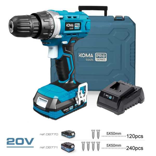 Kit Taladro Atornillador 20 V con 40 Accesorios, Batería 2.0Ah y Cargador KOMA TOOLS