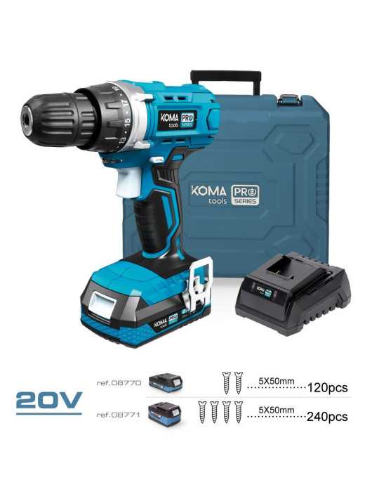 Kit Taladro Atornillador 20 V con 40 Accesorios, Batería 2.0Ah y Cargador KOMA TOOLS
