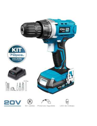 Kit Taladro Atornillador 20 V con 70 Accesorios, Batería 2.0Ah y Cargador KOMA TOOLS