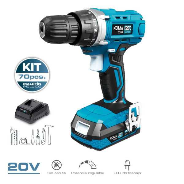 Kit Taladro Atornillador 20 V con 70 Accesorios, Batería 2.0Ah y Cargador KOMA TOOLS
