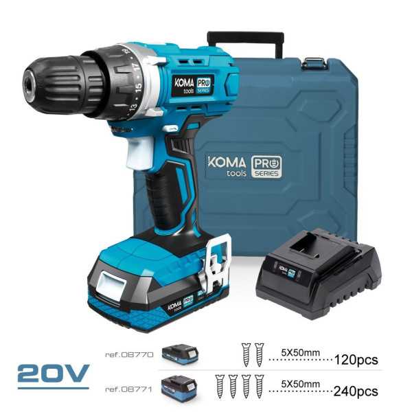 Kit Taladro Atornillador 20 V con 70 Accesorios, Batería 2.0Ah y Cargador KOMA TOOLS