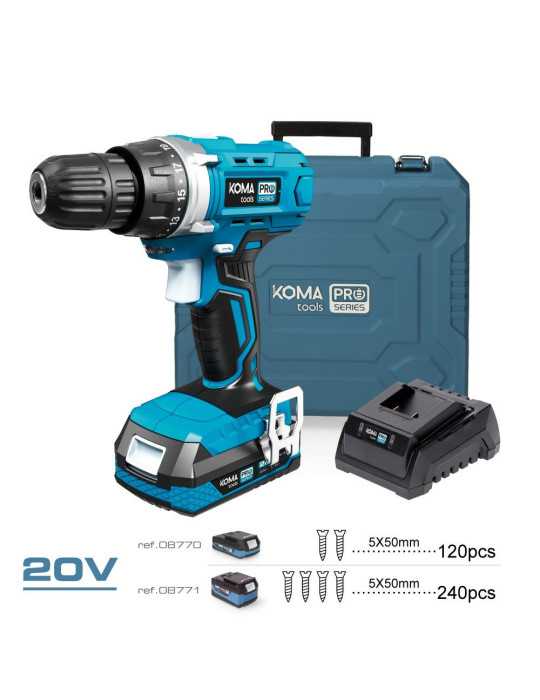 Kit Taladro Atornillador 20 V con 70 Accesorios, Batería 2.0Ah y Cargador KOMA TOOLS