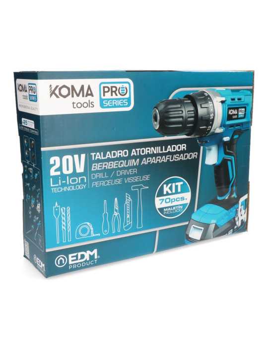 Kit Taladro Atornillador 20 V con 70 Accesorios, Batería 2.0Ah y Cargador KOMA TOOLS
