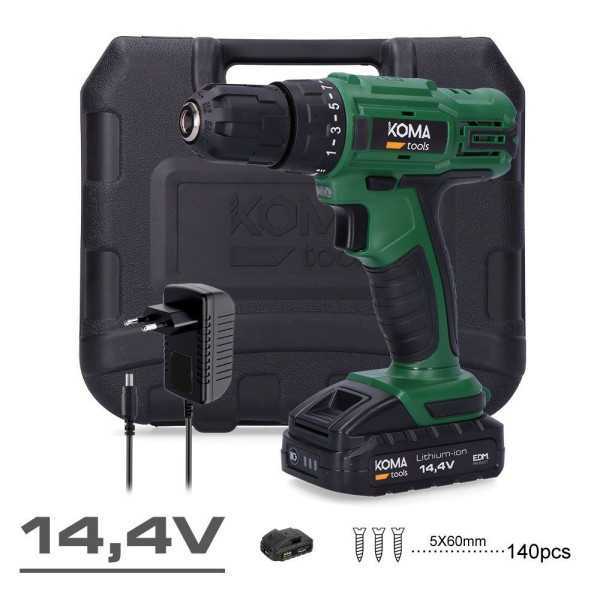 Kit Taladro Atornillador 14,4 V con Batería 1500 mAh y Cargador KOMA TOOLS