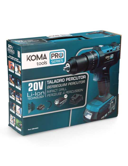 Kit Taladro Percutor Atornillador 20 V con Bateria 2.0Ah y Cargador KOMA TOOLS