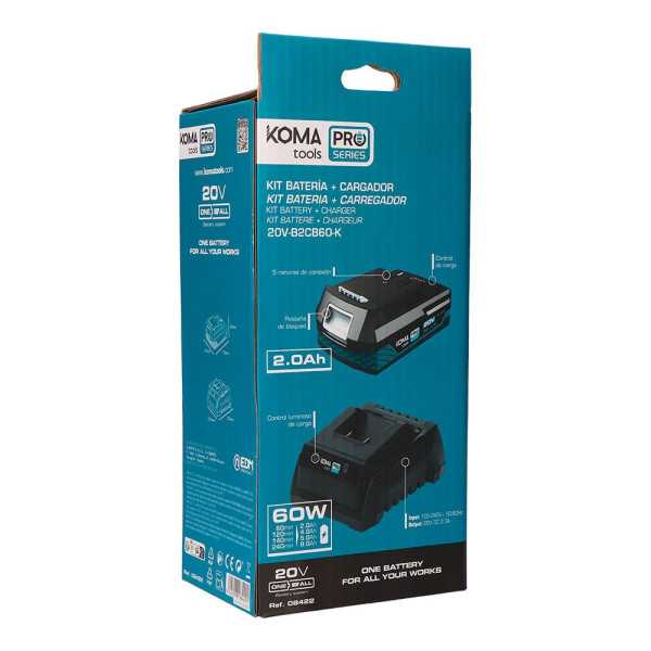 Pack Batería Li-Ion 20 V 2.0 Ah (08770) + Cargador 20 V 60 W (08772) KOMA TOOLS