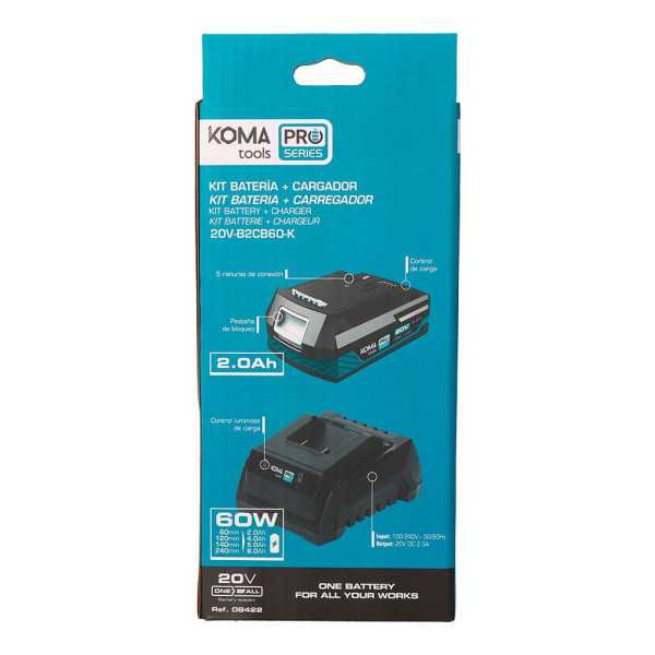 Pack Batería Li-Ion 20 V 2.0 Ah (08770) + Cargador 20 V 60 W (08772) KOMA TOOLS